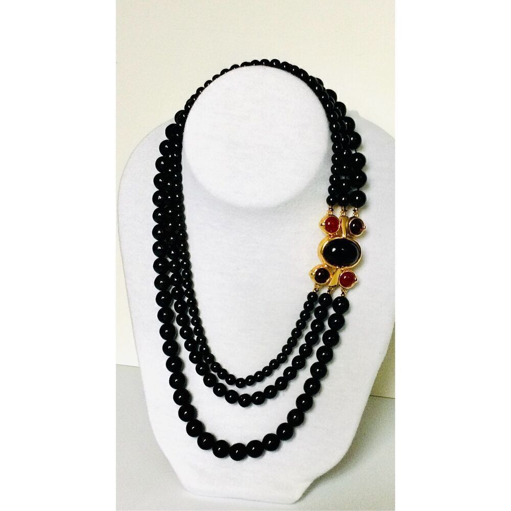 Vintage‎ Monet Womens Black Gold Decorative Faux Stone Multi Strand Necklace